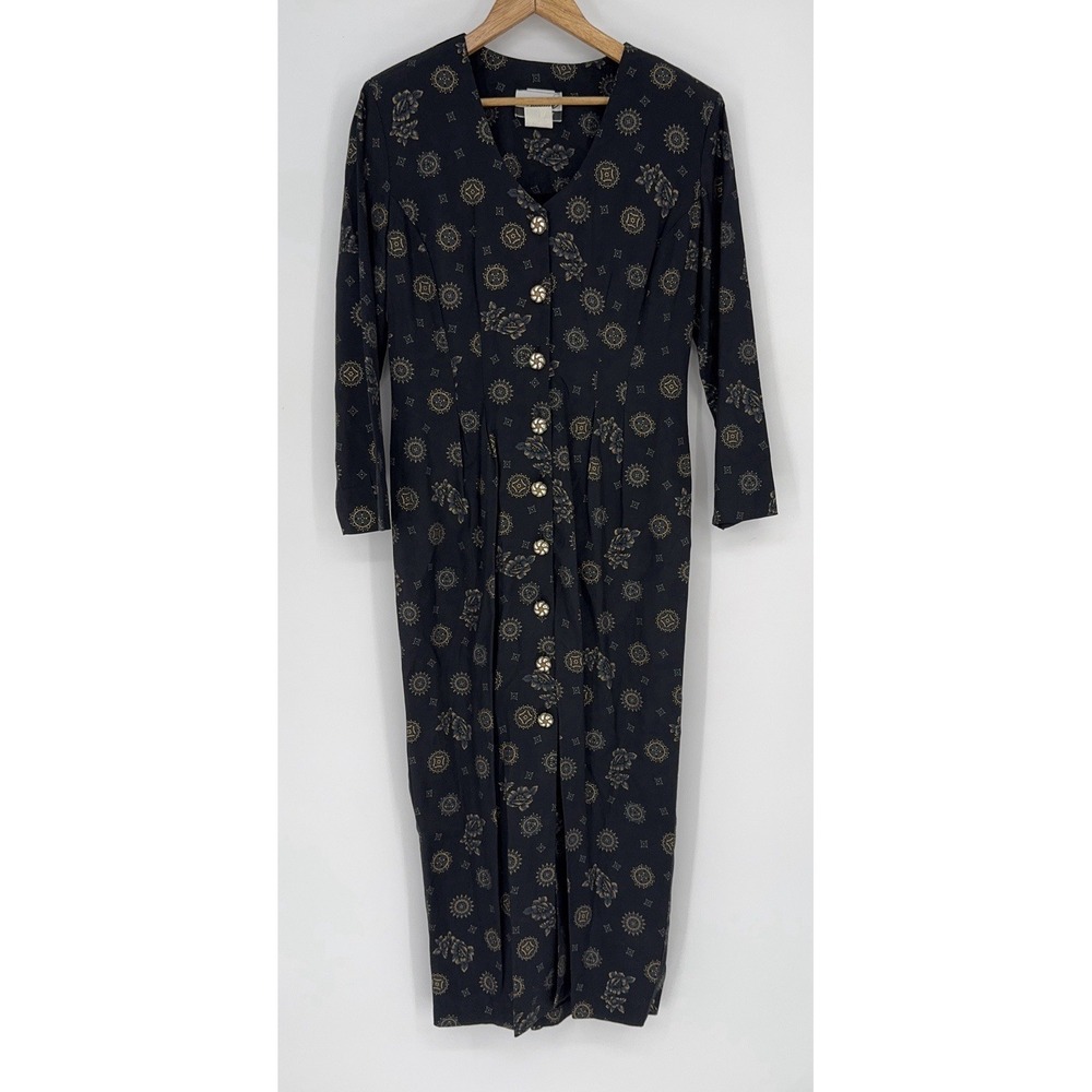 Marnie West 80s Vintage Dress Retro Whimsigoth Black Floral Medallion Size 7‎